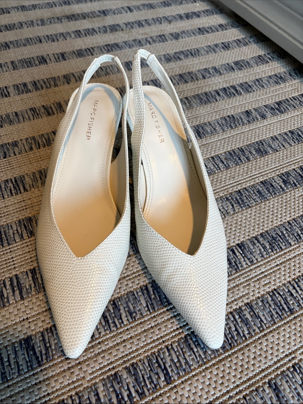 Marc Fisher White Pointed Slingback Flats with Textured Upper